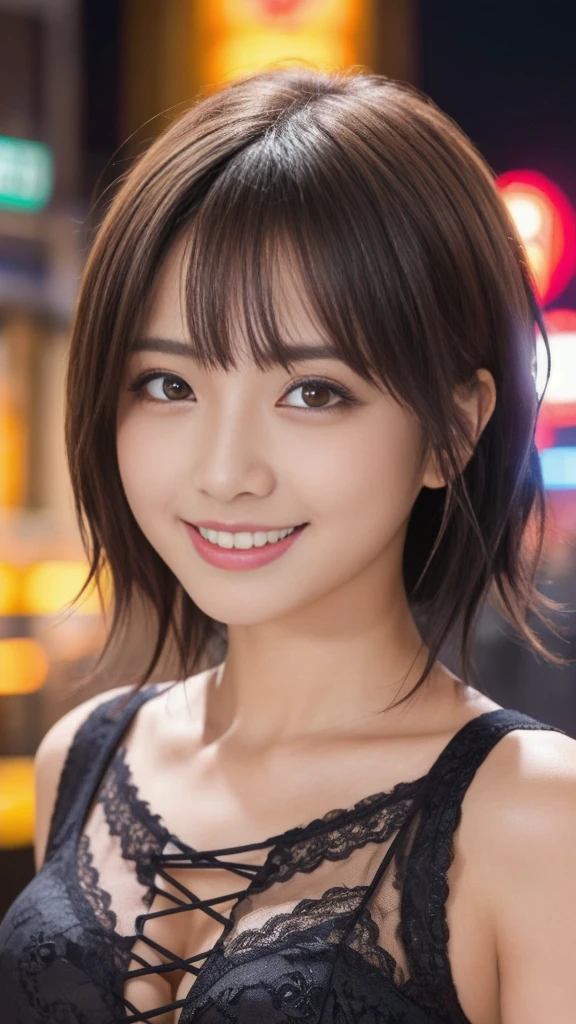 short hair,Part-time job at a bar,((Wearing laced negurije:2.0)),20 year-old,(1 Ultra cute Japan girl:1.5),(Detailed face,ultra detailed eyes, incredible Beautiful eyes,symmetry dropped  eyes:2.0),(Natural Makeup,big smile,open mouth:2.0)best quality, 4k, 8k, highres, masterpiece, ultra-detailed, realistic, photorealistic, photo-realistic, HDR, UHD, studio lighting, ultra-fine painting, sharp focus, physically-based rendering, extreme detail description, professional, vivid colors, bokeh