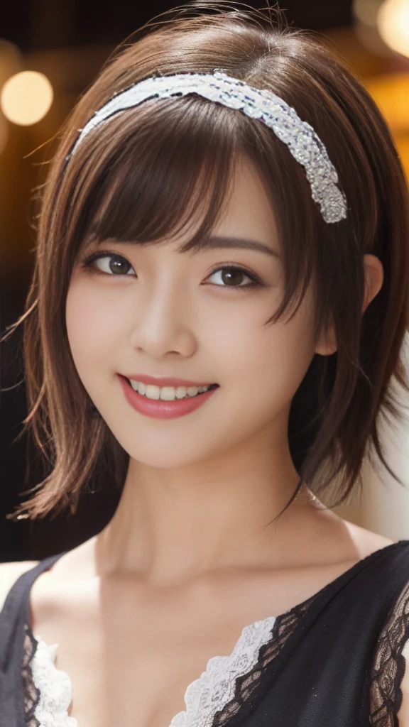 short hair,Part-time job at a bar,((Wearing laced negurije:2.0)),20 year-old,(1 Ultra cute Japan girl:1.5),(Detailed face,ultra detailed eyes, incredible Beautiful eyes,symmetry dropped  eyes:2.0),(Natural Makeup,big smile,open mouth:2.0)best quality, 4k, 8k, highres, masterpiece, ultra-detailed, realistic, photorealistic, photo-realistic, HDR, UHD, studio lighting, ultra-fine painting, sharp focus, physically-based rendering, extreme detail description, professional, vivid colors, bokeh