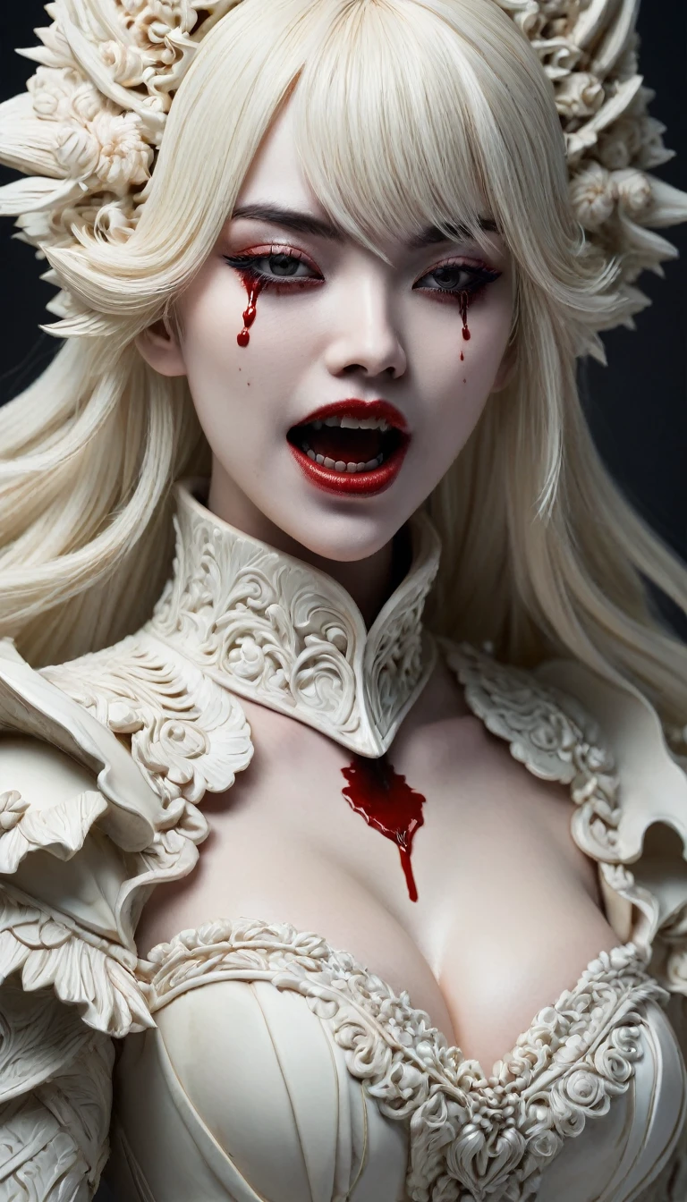 a close up of a woman with blood on her face, cgsociety contest winner, gothic art, ivory carved ruff, with mouth open, hyper detailed photo, albedo from the anime overlord