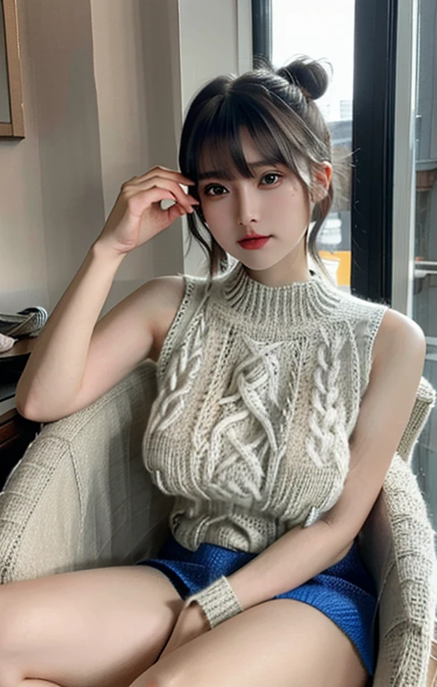 ( masterpiece, Texture_skin, excellent_detail, the best_quality, 1080P, HD, 4K, 8K, 16K), (beautiful_detailed_Eyes, beautiful_detailed_Lips, extremely_detailed_Eyes_and_Face), Soft_light, Physically based_Rendering, vivid_color, (Large target_breast:1.5), (short hair_thin braids_Bun hairstyle),  (shining_hair, shining_skin, Face红), (Bangs:1.5), Eye_reflection, (Bokeh), 微lol_and_lol, (sleeveless_sweater_knitting:1.5) ,stockings,(sit on the chair,Spread your legs:1.3),Show belly button,beautiful_genital。