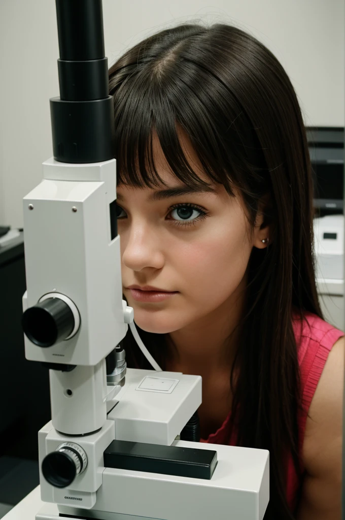 Scintific photo of a girl which analyze in the microscope 