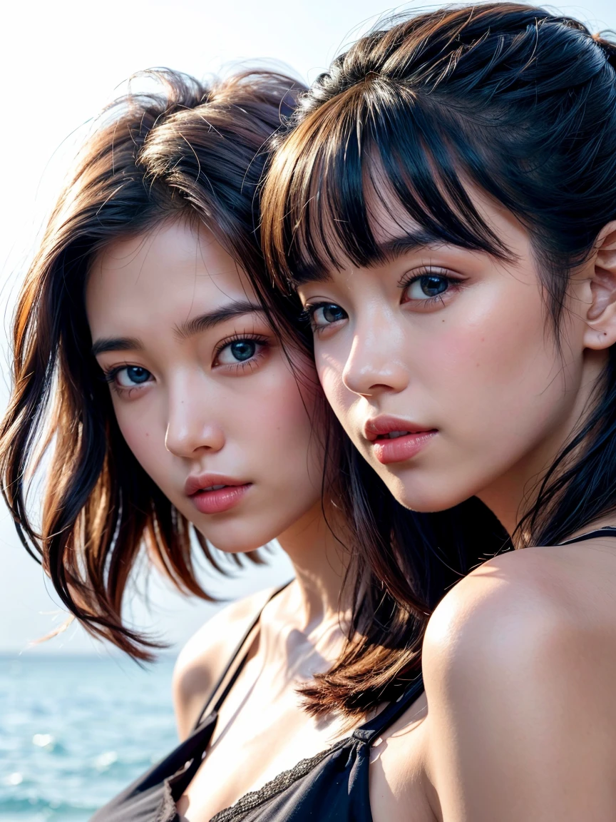 8K、Two beautiful girls, aged 12 and 18,、Detailed face、See-through Camisole Dresses、Rembrandt Lighting,(Photorealistic:1.2), (Highest quality), (Detailed skin:1.3), (Intricate details), Ray Tracing,Two Girls, In detail,real,RAW Photos & Realistic atmosphere,、Beautiful, shining lips, Detailed face、Cheek to cheek,Chest depth - at sea、Strong winds (Highest quality,masterpiece:1.3,Ultra-high resolution),(Very detailed,Caustics,8K),(Realistic:1.4,RAW shooting),Japanese,cute,Black short ponytail and twin tails,I'm looking at the camera with a smile on my face,Sailor suit,forward leaning posture,(Face Focus:1.1),(Face close-up:1.1),(Low position::1.3),(Low Angle::1.3),blue sky,Natural light