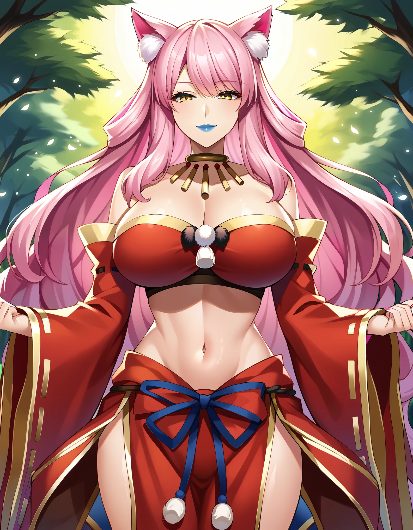 masterpiece, score_9, score_8_up, score_7_up, BREAK source_anime,best quality, extremely detailed, 1girl, milf, solo, (big breasts:1.4), ((((pink hair), long hair, yellow eyes, fox ears))), blue lips, (((neck ring, jewelry, crop top, waist cape, pelvic curtain, long sleeves, wide sleeves, detached sleeves, hagoromo))), ((naughty smile), closed mouth), ((forest))
