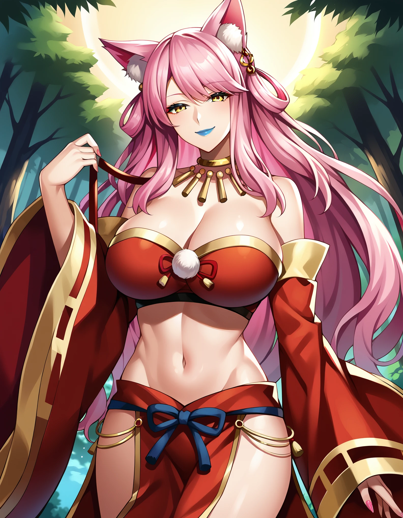 masterpiece, score_9, score_8_up, score_7_up, BREAK source_anime,best quality, extremely detailed, 1girl, milf, solo, (big breasts:1.4), ((((pink hair), long hair, yellow eyes, fox ears))), blue lips, (((neck ring, jewelry, crop top, waist cape, pelvic curtain, long sleeves, wide sleeves, detached sleeves, hagoromo))), ((naughty smile), closed mouth), ((forest))