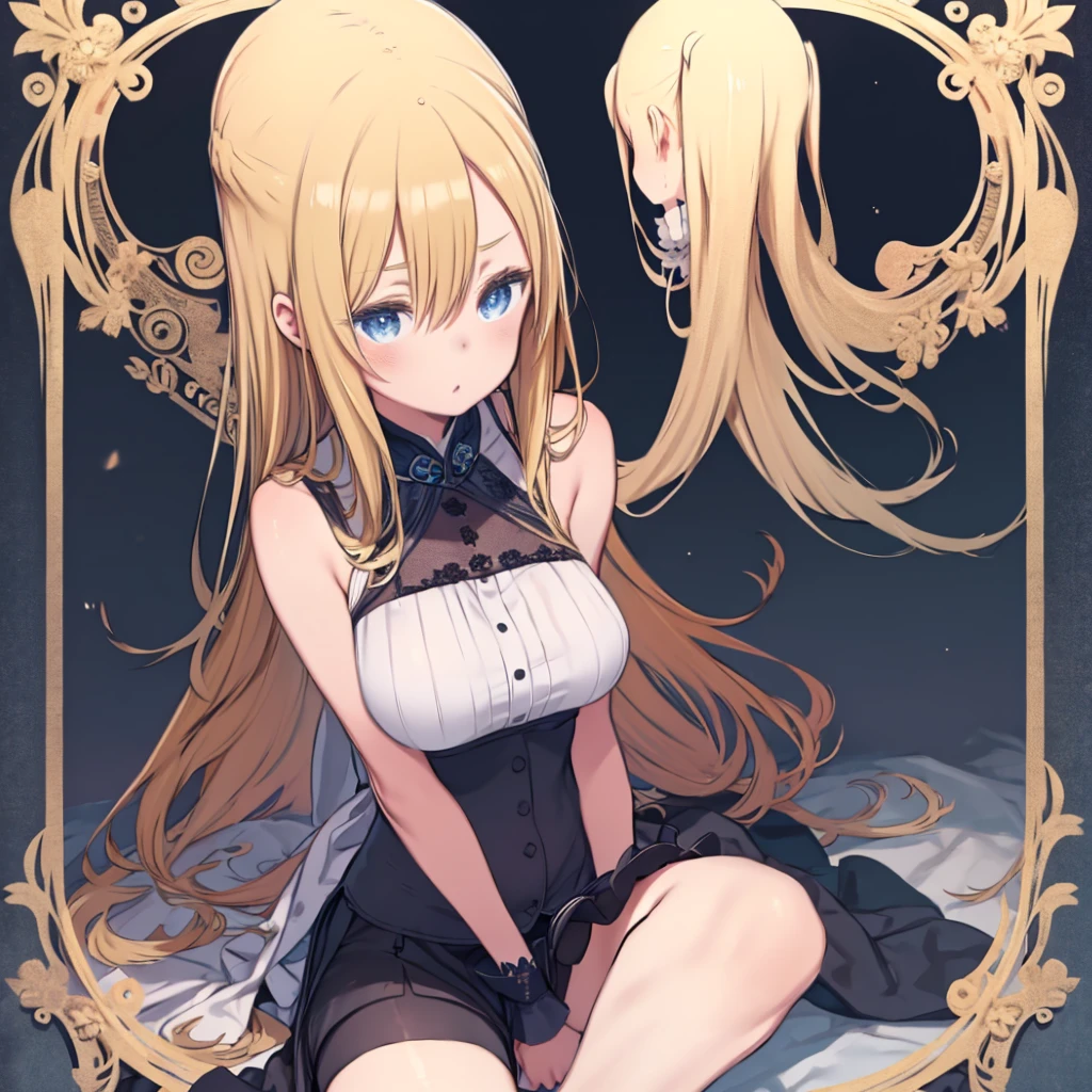 Anime girl with long blonde hair sitting on bed, Naughty anime style, Top rated on pixiv, cute, pregnancy, stomach, Big Breasts, Beautiful Lingerie, Perfect Face, blue eyes, French maid, Hands up lace skirt, View from under the skirt , Blonde, Black Skirt, Lift your legs, Intimidating look, view between the legs, Lace panties, I can see your pants, Put your hands on the edge of your skirt, Panties peeking out, Inside the skirt