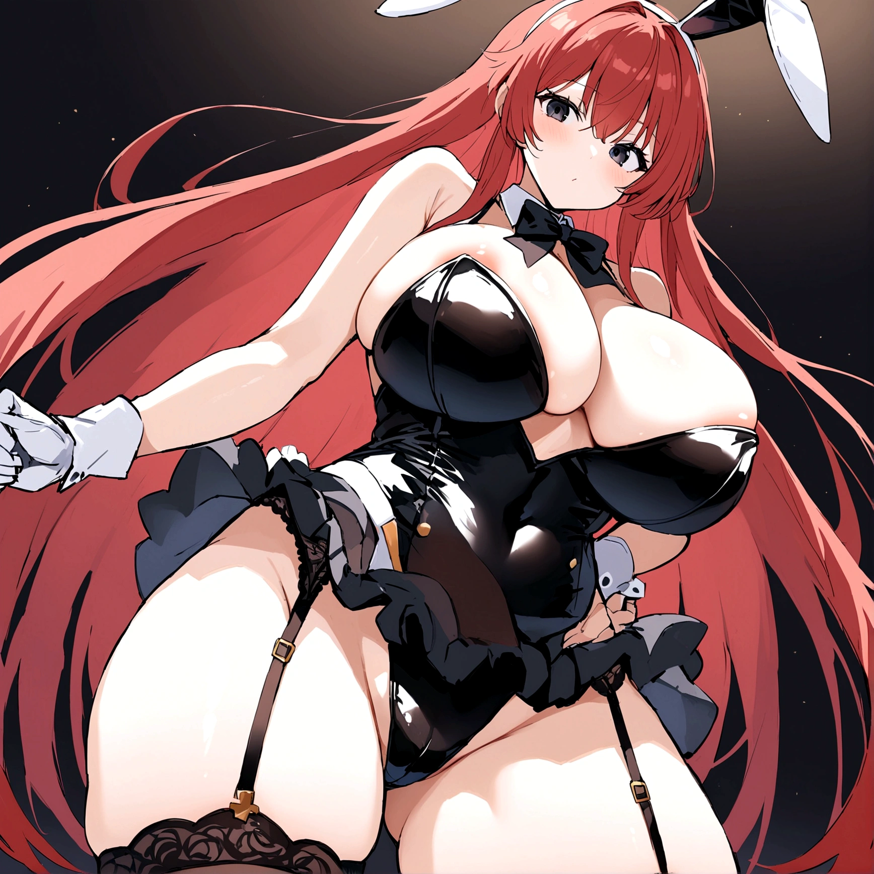 My name is Hikaru, I am a white test woman with long red hair and black eyes. I am 1.60 cm tall and weigh 46 kg. My breast sizes are 300 cm, my waist is 60 cm and my hips are 200 cm. Dressed in a sexy bunny outfit and garter belt  . With big breasts 300 cm