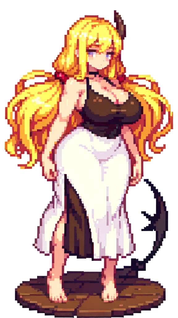 kiss,tall woman,big woman,very muscle,{{long legs}},devil,barefoot,{{muscular}},{{gigantic breasts}} ,{{curvy}} , ,masterpiece , best quality , pixel art , 1 girl ,{full body},voluptuous,brown skin,twintails,blonde hair ,white dress,white background