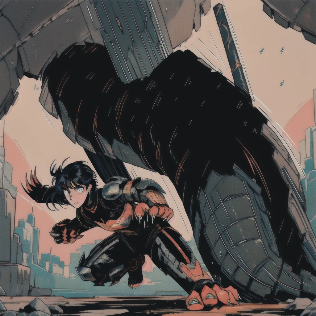 Kaiju form of a human, sharp, obsidian-like plates that overlap like armor reptilian head, obsidian spikes running from the forehead to the back of the neck. Four glowing amber eyes, arms with massive claws and blades, feet have three large, taloned toes, A long, whip-like tail ending in a mace-like cluster of obsidian spike, orange lines and aura in between armor. HD. city background destroyed. ultra HD, masterpiece, 4k, 8k