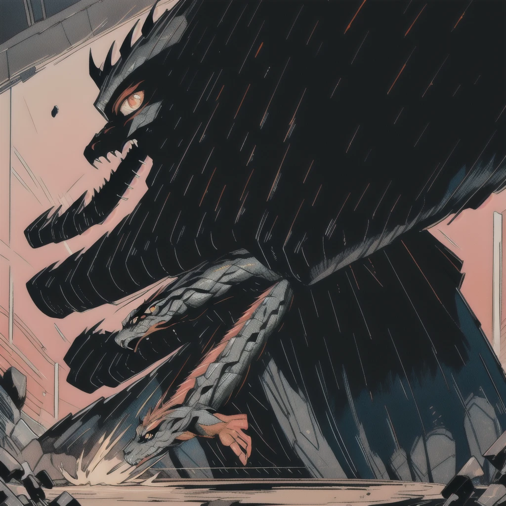 Kaiju form of a human, sharp, obsidian-like plates that overlap like armor reptilian head, obsidian spikes running from the forehead to the back of the neck. Four glowing amber eyes, arms with massive claws and blades, feet have three large, taloned toes, A long, whip-like tail ending in a mace-like cluster of obsidian spike, orange lines and aura in between armor. HD. city background destroyed. ultra HD, masterpiece, 4k, 8k