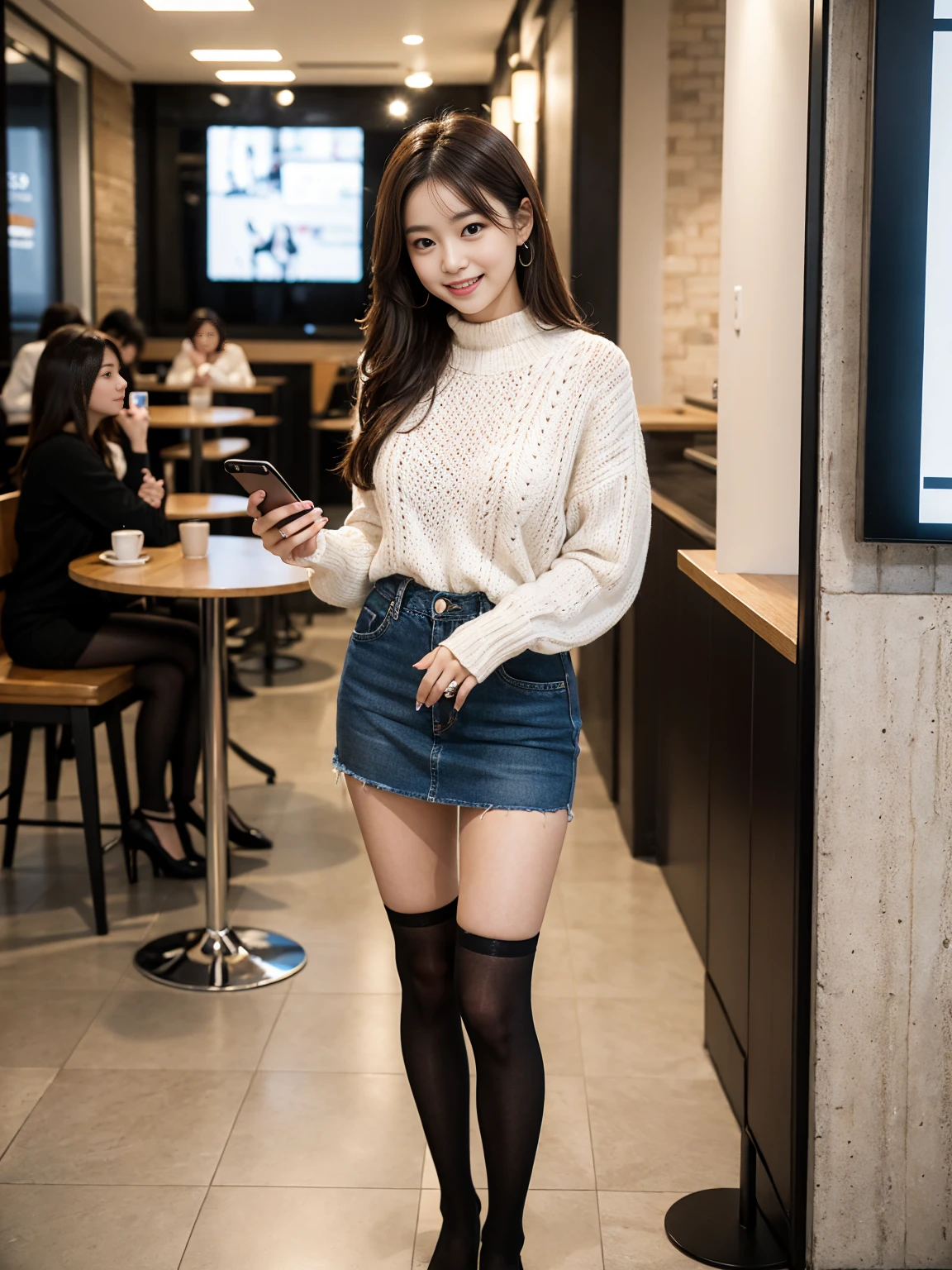 Full body portrait、The most beautiful woman who works as a newscaster、With shiny brown hair、Looking at a smartphone at an open cafe、in a white sweater、Denim mini skirt、black tights、Wearing、Very fascinating.。She is full of confidence々smiled.、To the camera。her fashion and expressions、A perfect balance between cuteness and elegance、It draws the viewer in and doesn't let go.。Through this scene、Express her charm to the fullest。The whole body is visible!!!