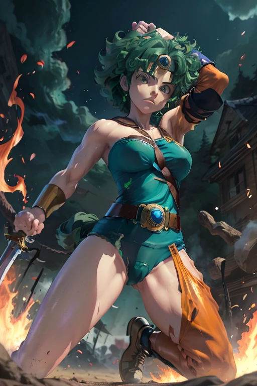 Anime Artwork Anime Artwork Masterpiece,most、high quality, Unreal Engine, Ultra-high resolution, Very detailed丸い胸, 1 person with medium chest, Waist, thin,(Muscular:0.9)
e,
Circlet, Curly Hair, Green Hair, short hair, Asymmetrical clothing, leotard, belt, One-handed gloves, Single Sleeve, Single Thigh High Cave, Holding a sword, . Anime Style, Key Visual, Vibrant, Studio Anime, Very detailed、be attacked by fire by the enemy. I'm running out of life. ragged equipment. kneel on one knee.