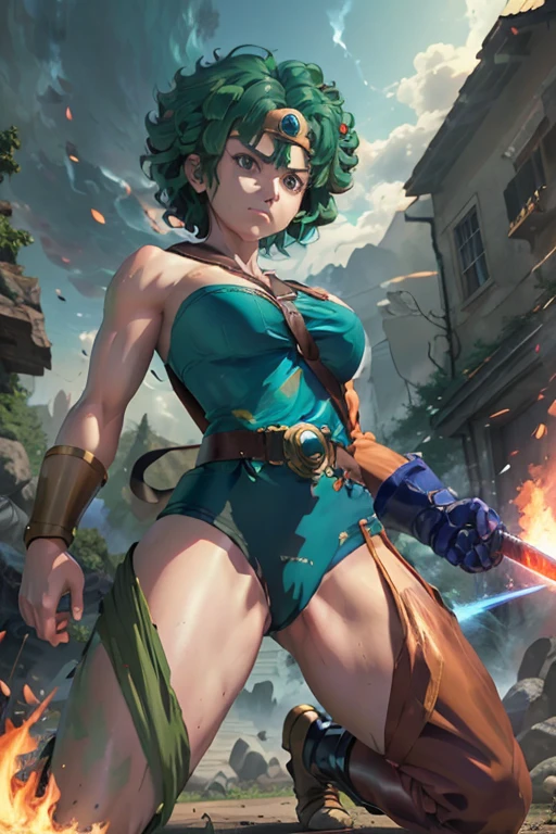 Anime Artwork Anime Artwork Masterpiece,most、high quality, Unreal Engine, Ultra-high resolution, Very detailed丸い胸, 1 person with medium ?????,  Waist, thin,(Muscular:0.9)
 heroine, 
Circlet, Curly Hair, Green Hair, short hair, Asymmetrical clothing, leotard, belt, One-handed gloves, Single Sleeve, Single Thigh High Cave, Holding a sword, . Anime Style, Key Visual, Vibrant, Studio Anime,  Very detailed、be attacked by fire by the enemy.　I'm running out of life. ragged equipment. kneel on one knee. 