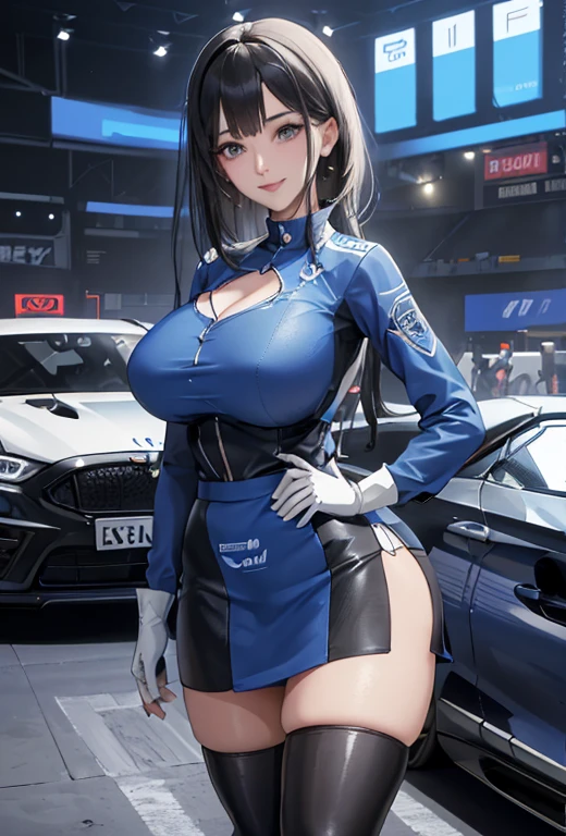 1 lady only, (Standing next to the latest car), (Leaning against the car), /(Racing girl/) /(Blue clothing with logo/), tight skirt, Mature female,  (((Full and soft breasts,)))(((Huge breasts))) (((Cleavage)))/(Black Hair/) Bangs, Friendly smile, (Masterpiece best quality high resolution 8k), Beautiful illustrations, Edge color, Pretty Face, Over the knee bootsBREAK (Indoor car show), audience, Detailed background