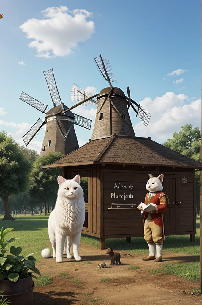 Animals of different species working together in harmony, cultivating crops and constructing buildings. Snowball and Napoleon are seen organizing tasks, with a blackboard showing plans for the windmill and other improvements.