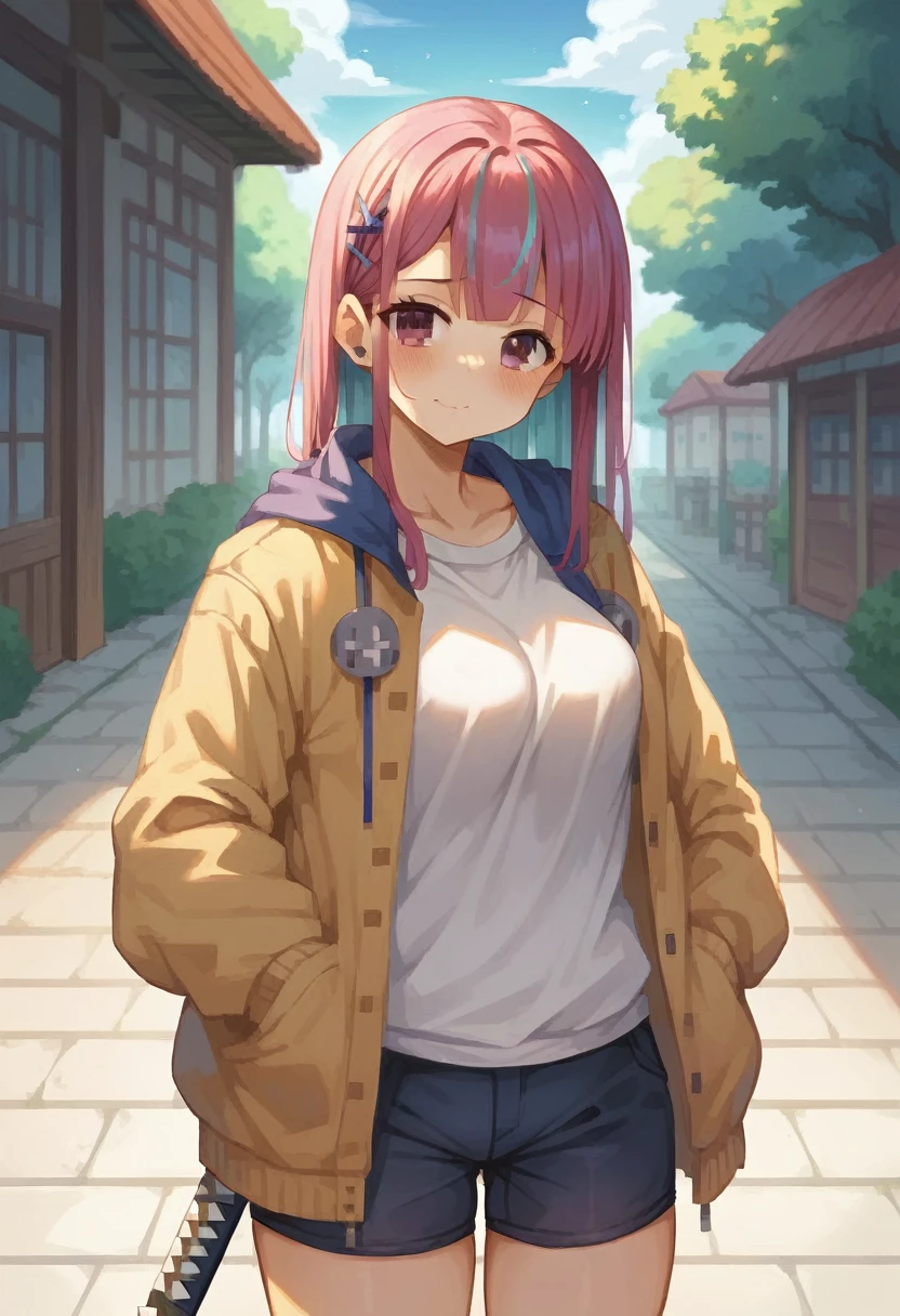 rambut hitam, hoody putih,gaya rambut minato, gigi anjing, dan memegang katana