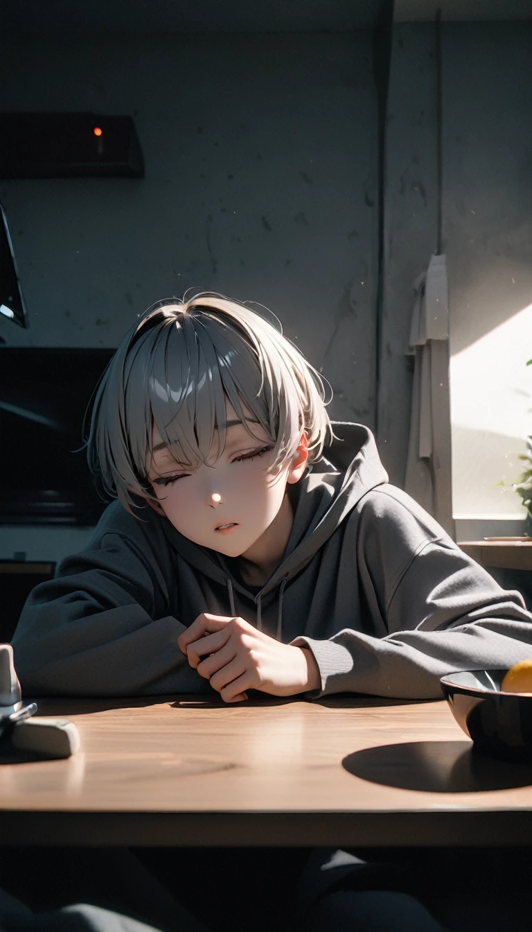 (8K, RAW photos, best quality, masterpiece: 1.4), (((The boy sat at the table)))，Ultra-high resolution, Extremely detailed, light, Eye close-up, handsome boy, black eyes, (delicate eyes, Eyes are bright:1.2), Gray short hair, Fair skin,dark, Grey sweatshirt, sweatshirt with hood,(perfect anatomy:1.2), High-quality shadows, Natural Lighting, (White highlights:1.2), night, cloudy day, (at home:1.2), (Close your eyes:1.2)