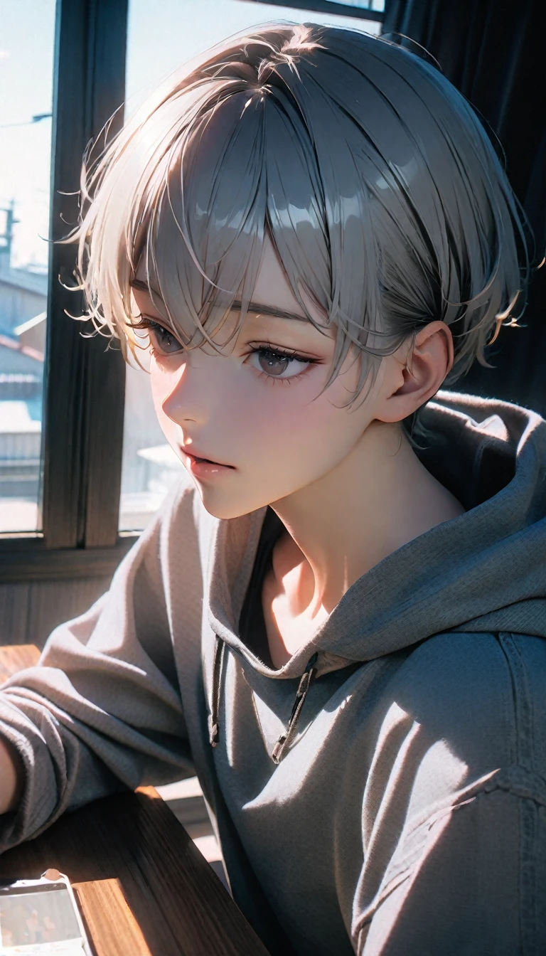 (8K, RAW photos, best quality, masterpiece: 1.4), (((The boy sat at the table))),Ultra-high resolution, Extremely detailed, light, Eye close-up, handsome boy, black eyes, (delicate eyes, Eyes are bright:1.2), Gray short hair, Fair skin,dark, Grey sweatshirt, sweatshirt with hood,(perfect anatomy:1.2), High-quality shadows, Natural Lighting, (White highlights:1.2), night, cloudy day, (at home:1.2), (Close your eyes:1.2)