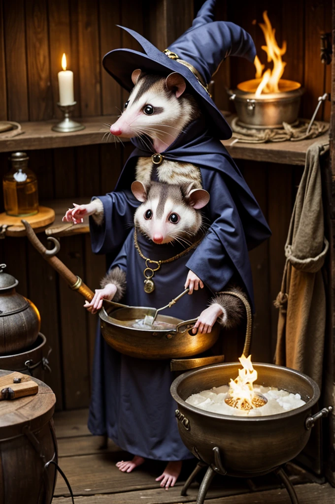 Cute anthropomorphic opossum in witch costume. Making magic potions in a cauldron