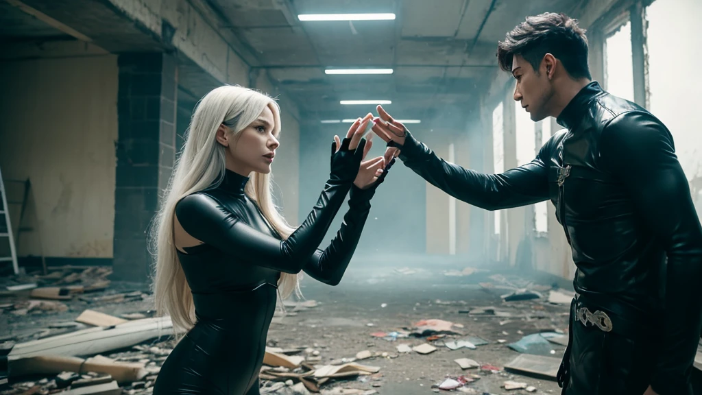 The hero encounters his enemy, a mysterious woman with long silver hair and dressed in a black bodysuit. They face each other inside an abandoned building, both emitting energy from their hands, about to engage in a duel.