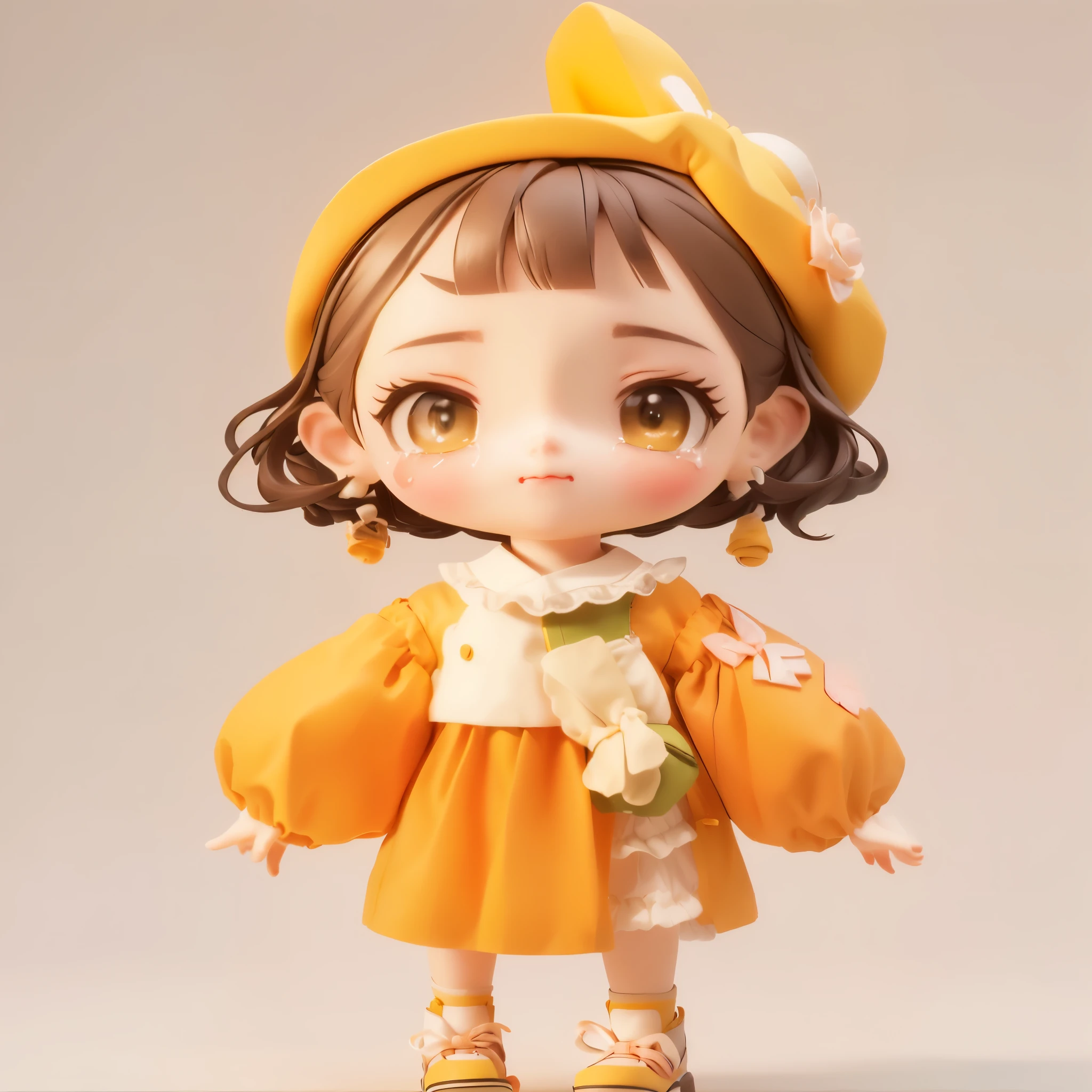 A girl lies on a sunflower wearing a yellow dress with brown hair and mouse ears, holding a meatball in her hand, eating.