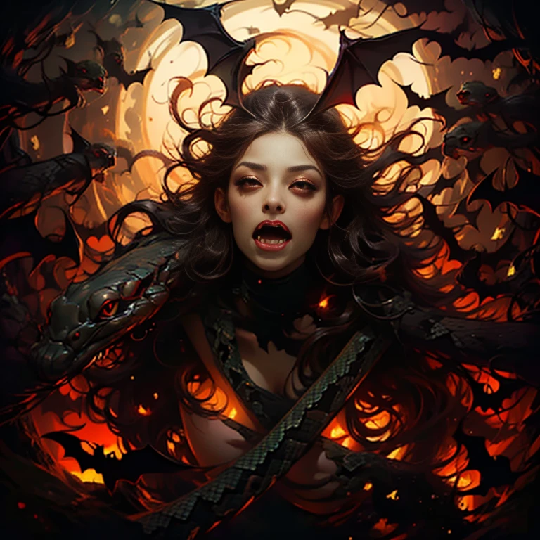 Full Body Portrait:1.0、the red queen_Cthulhu神話、((Hair is snake_Big bat wings_Big fangs_Beautiful young woman:1.9))、Red sheer dress、Surreal、grotesque、Very detailed、とてもRealistic、Beautiful and detailed、Beautiful and delicate lips、Very detailed、Long eyelashes、Ancient Mystical Beings、Space horror、Surreal、Dark fantasy、Fascinating pose、erotic、Sensual、Amorous、Provocative、Intimate、Fascinating、Sensual、Shiny skin、Perfect Skin、Perfect body、elegant、mature、feminine、Fascinating、impressive、wonderful、Breathtakingly beautiful、Cinema Lighting、Dramatic lighting、Chiaroscuro lighting、High-end digital art、masterpiece、Concept Art、Very detailedな、Very detailed、8K、Highest quality、Surreal、Realistic、Cthulhuu、Cthulhu、Living things、EdobHorrorLandscape、