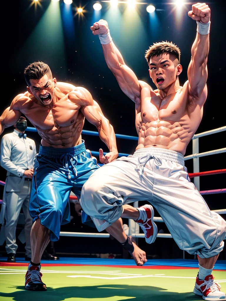 Highest quality,Highest Resolution,A fighter resembling Genki Sudo standing in the ring and striking a fighting pose,