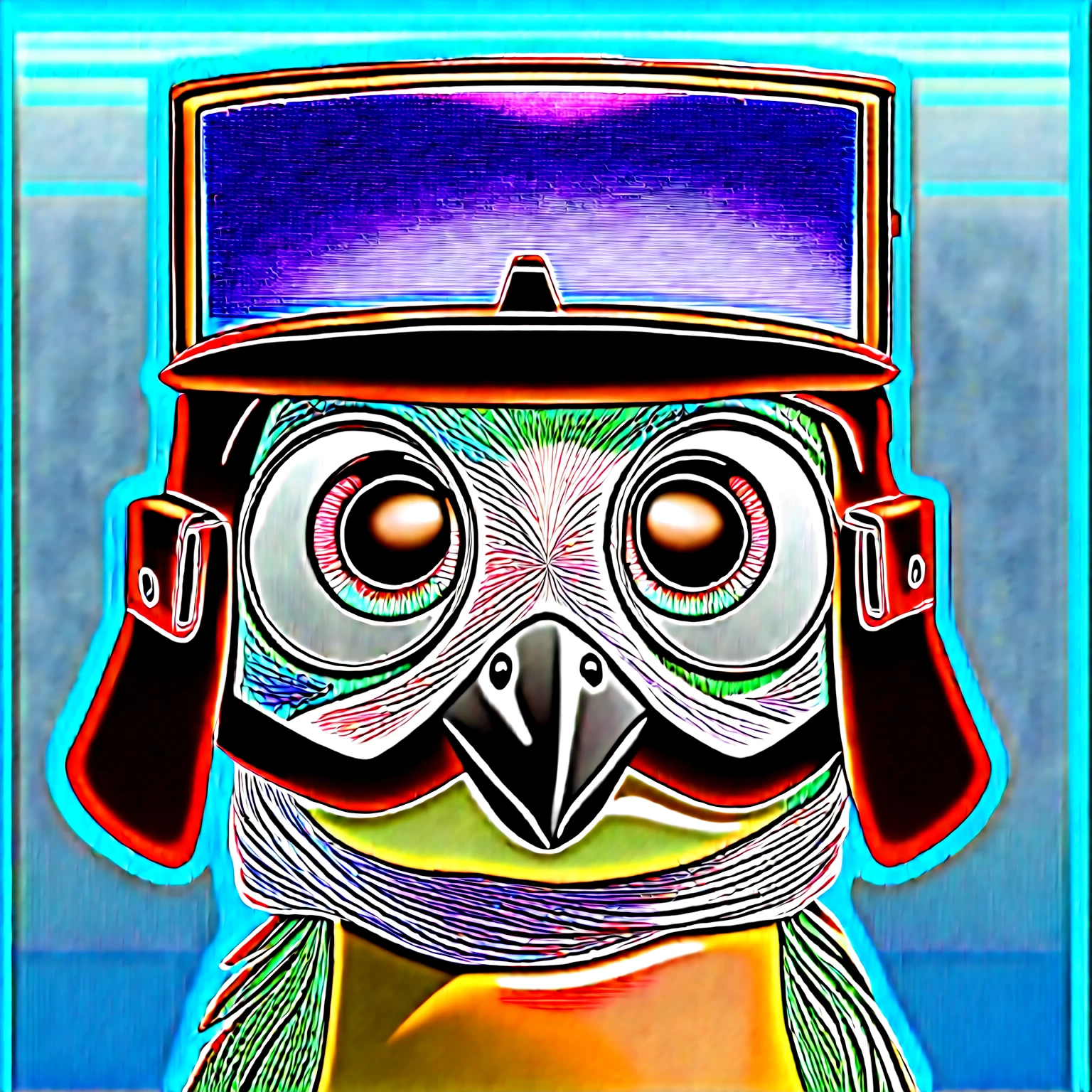 A charming cartoon bird character with large, sparkling eyes looking directly at us. The bird has a green and white face with a prominent big black beak. It wears a brown aviator's helmet with detailed straps and buckles, and large, square, reflective goggles, but these are positioned on top of the bird's head rather than being worn properly. The background is a simple, solid white, highlighting the character and adding to the adventurous feel of the image. The art style is vibrant and expressive, capturing a sense of excitement and playfulnessmultiple light sources, rim light, sharp post effects render, perfect cgi, smooth silhouette, high intensity refraction, most beautiful vfx, realistic, 4k, high resolution, rim light, smooth 3d model