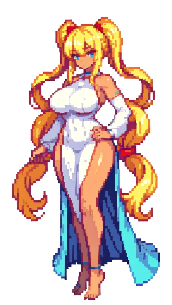 gigantic woman,tall woman,big woman,very muscle,{{long legs}},devil,barefoot,{{muscular}},{{gigantic breasts}} ,{{curvy}} , ,masterpiece , best quality , pixel art , 1 girl ,{full body},voluptuous,brown skin,twintails,blonde hair ,white dress,white background