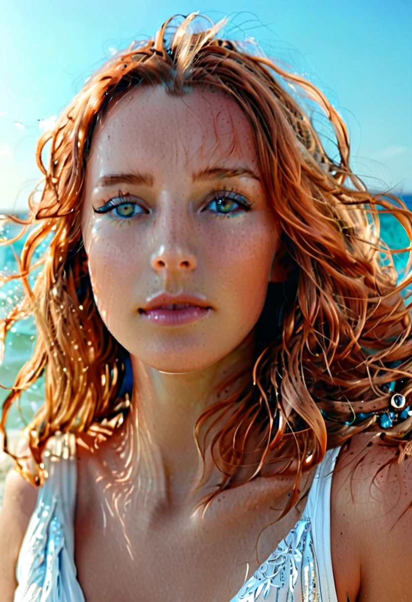 Create a highly detailed, photorealistic full-body image of a female virtual influencer at the seaside. She has long, wavy, copper-colored hair blowing naturally in the wind. Her eyes are a deep turquoise, very detailed with visible light reflections that mirror the sea. Her skin is flawless and naturally sun-kissed, emphasizing her healthy radiance. She is wearing elegant, functional sportswear from top fashion brands, suitable for athletic activities and stylish at the same time. Her pose is relaxed and confident, as she looks directly at the camera, standing in white sand at the water's edge