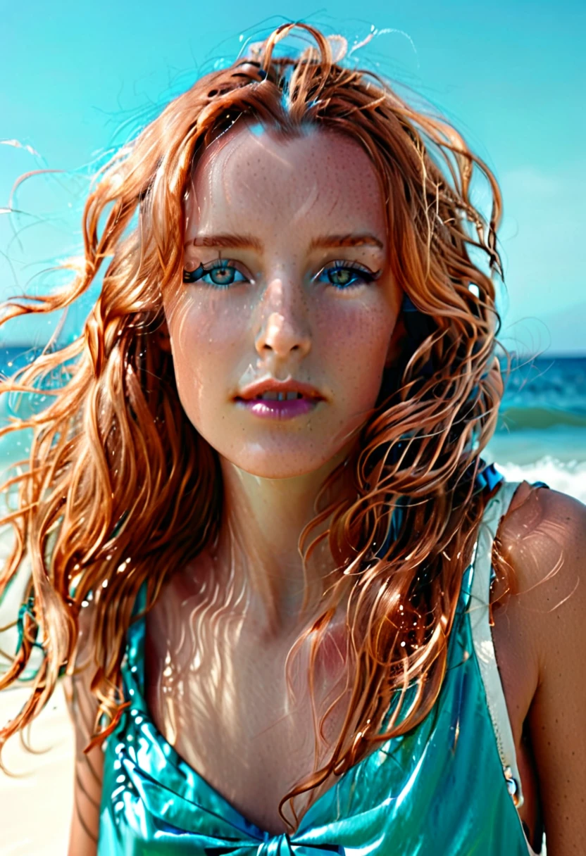 Create a highly detailed, photorealistic full-body image of a female virtual influencer at the seaside. She has long, wavy, copper-colored hair blowing naturally in the wind. Her eyes are a deep turquoise, very detailed with visible light reflections that mirror the sea. Her skin is flawless and naturally sun-kissed, emphasizing her healthy radiance. She is wearing elegant, functional sportswear from top fashion brands, suitable for athletic activities and stylish at the same time. Her pose is relaxed and confident, as she looks directly at the camera, standing in white sand at the water's edge