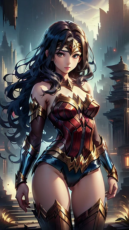 best quality,masterpiece,1girl,solo,(((13years old))),japanese girl,an extremely cute and beautiful girl,highly detailed beautiful face and eyes,petit,cute face,lovely face,baby face,shy smile,show teeth, Black hair,long hair,flat chest,skinny,slender,no bra,no Panties, Hairless vagina,(((wearing a sexy revealing Fantasy style Wonder Woman costume))),(((standing in Dark Midnight Fantasy style metropolis city))),she is looking at the viewer,