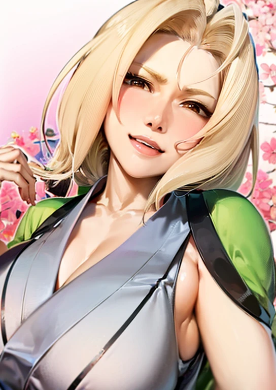 (best quality,masterpiece), Tsunade NS, Solitary, Japanese_clothing, breast, Large target_breast, (((丰满柔软的breast,)))(((巨Large targetbreast))) (((Cleavage))) kimono, cleveage, Smile,