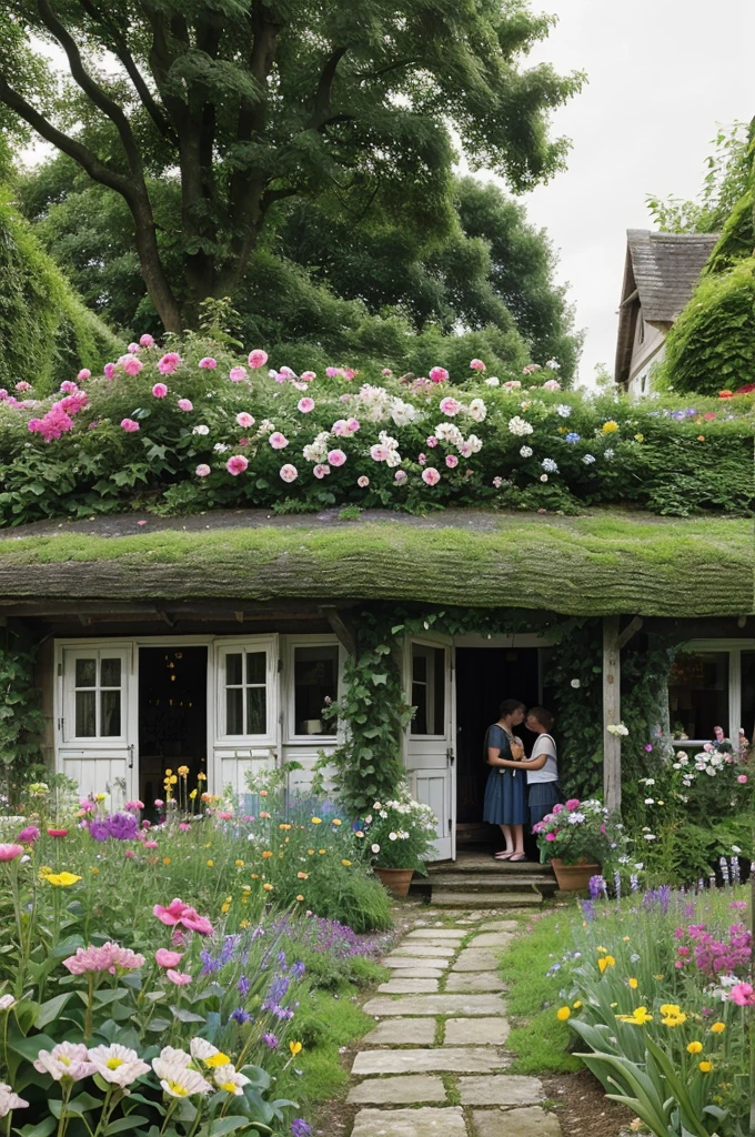 A old cottage full of flowers on the garden. The cottage looks like a clam and rainy and dark place. Two couples is sitting in thier garden happily with their 8 children.