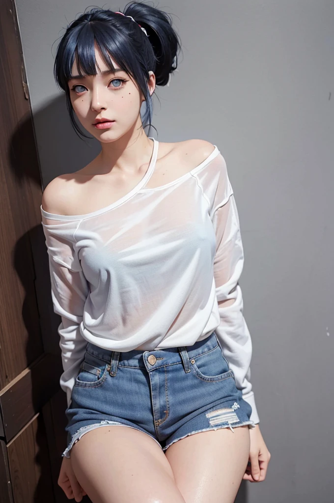 photorealistic, high resolution, 1 girl, ponytail blue hair, Korean, blue eyes, small mole below the eye, loose white shirt, tight jean shorts, medium chest, perky, thick thighs