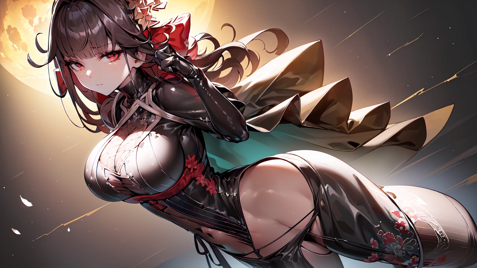 ((((Obra maestra, La mejor calidad, ultrahigh resolution)))), 1girl, standing,), ((long pure brown hair, hair over eye)), long hair cut, shiny skin, ((red eyes)), glowing_eyes, neon eyes, (ultra detailed eyes:0.7, beautiful and detailed face, detailed eyes:0.9), ((centered)), smirk, facing viewer, ((vibrant background, dark lighting, summer, sunlight)), large chested, looking at viewer, ((half closed eyes)), ((perfect hands)), (((head:1, arms, hips in view, elbows, in view))), ((hands behind back)), empty eyes, beautiful lighting, ((outside, outdoors)), defined subject, head tilt, (((gritty)), ((creepy)), ((cool)), ((beautiful)), (((SFW))), hair ornament, petals in the air, moon in the sky, city, mature woman, adult woman, sfw, pink and white dress, night dress, she is a princess, china dress