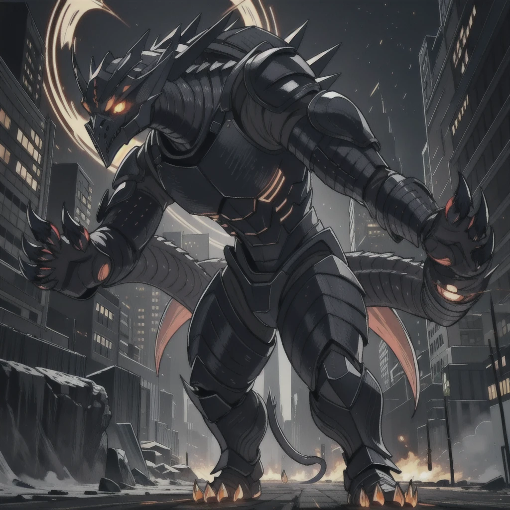 Kaiju form of a human, sharp, obsidian-like plates that overlap like armor reptilian head, obsidian spikes running from the forehead to the back of the neck. Four glowing amber eyes, arms with massive claws and blades, feet have three large, taloned toes, A long, whip-like tail ending in a mace-like cluster of obsidian spike, orange lines and aura in between armor. HD. city background destroyed. ultra HD, masterpiece, 4k, 8k