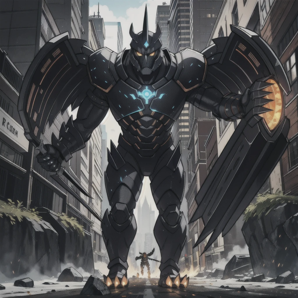 (GIANT mechanical tindalos-v1.0 rampage through a city, crushing buildings beneath their unstoppable metal frames), (official art, best quality, highly detailed) (terrifying and imposing design, smoke and flames rising from the destruction in the background, a lone figure) (high-tech bio-mecha armor, metallic, real texture material) (tindalos-v1.0, 8K), (gigantic muscles, Gigachad Muscular, big muscle, pecs, triceps, traps, unusually developed muscular body, body full of huge muscles. showing off muscles, pectorales enormes, Exaggeratedly huge muscles.),(Spread wings, It has wings, have big wings, golden wings), (whole body shines like metal, Wearing cyberpunk mecha, emphasizes the muscles, suit fully made of metal, intricate armor, Robotic suit, suit fully made of metal, cyborg), (giant tindalos-v1.0, tindalos-v1.0's giant robot, Powered exoskeleton with the same design as tindalos-v1.0), (Masterpiece, highres) (Detailed head, Detailed Body, Detailed abs, full body), (black color hyper penis, hyper black penis), Fight against humanity. As big as a building and in the middle of a city, macro (low angle perspective, emphasizing its enormous size)