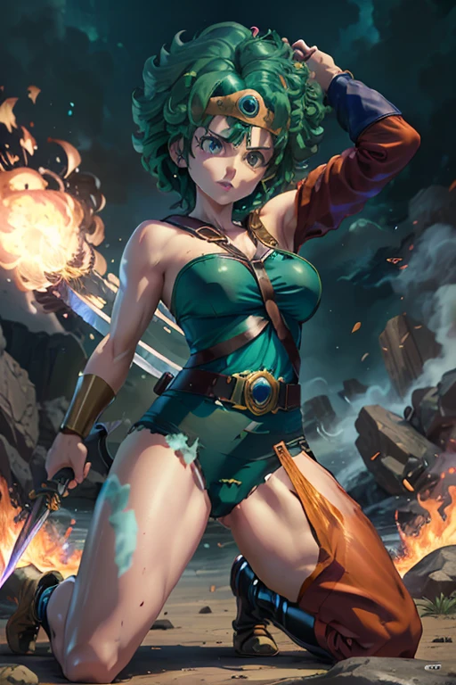 Anime Artwork Anime Artwork Masterpiece,most、high quality, Unreal Engine, Ultra-high resolution, Very detailed丸い胸, 1 person with medium chest, Waist, thin,(Muscular:0.9)
heroine,
Circlet, Curly Hair, Green Hair, short hair, Asymmetrical clothing, leotard, belt, One-handed gloves, Single Sleeve, Single Thigh High Cave, Holding a sword, . Anime Style, Key Visual, Vibrant, Studio Anime, Very detailed、be attacked by fire by the enemy. I'm running out of life. ragged equipment. kneel on one knee. raise one's hands.