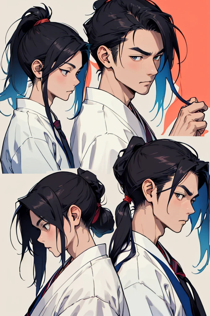 Japanese、male、Deep Face of Digging、Sharp contours、Long Hair、Tie it up at the back、ponytail、Kind Face、Slim body、Big eyes、upset、colorful、art、profile image