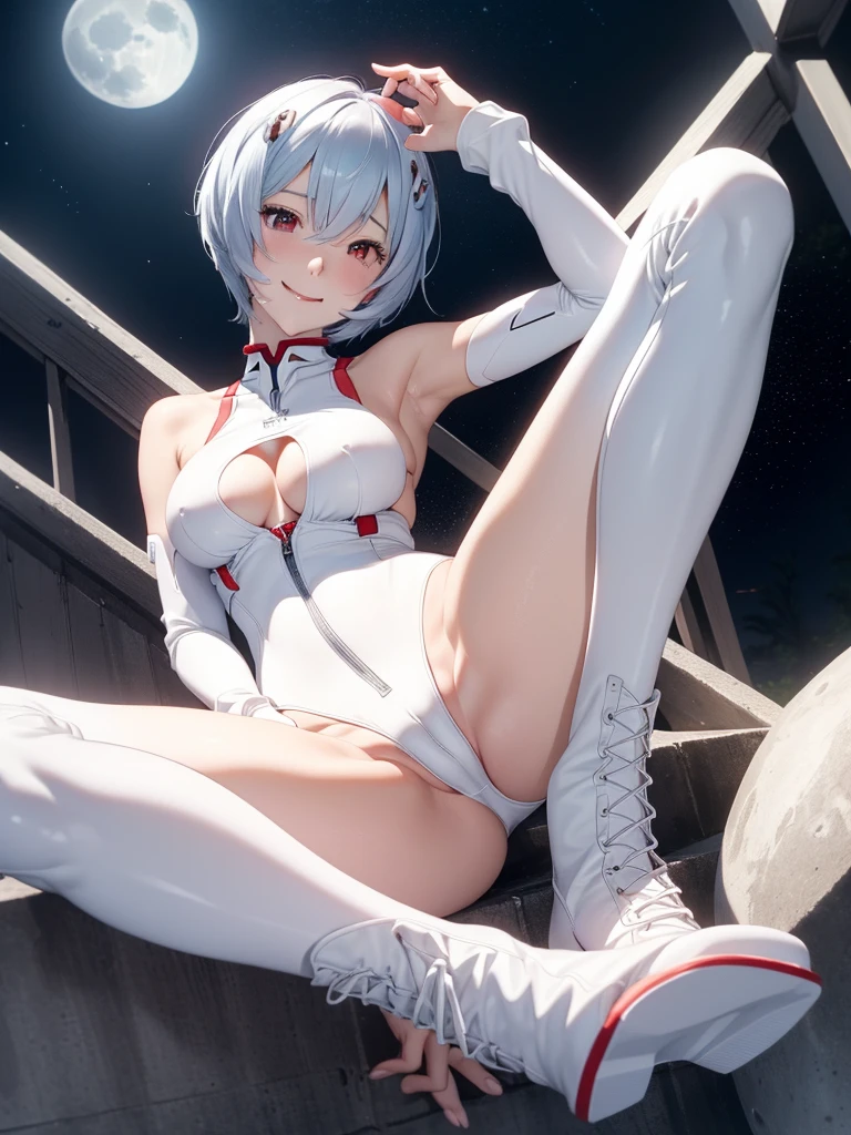 (Tabletop, Highest quality, Very detailed, 8K, wallpaper, Realistic), ((Perfect hands)), ((Perfect Anatomy)), Moderate tear, ((Attractive anime one girl)), ((Rei Ayanami)), ((Capture the stunning beauty of her white skin, 濃密なインディゴのshort hairが印象的です)),Clean small surfaces、smile gently、Looking at the audience、 ((Bright red eyes)), ((She wears her trademark white plugsuit., Slim and fit, Comes with a subtle blue accent shot, From below)), ((Dynamic Background)), ((Sensual pose)),Sit on the stairs、Kamimei、(((Spread your legs:1.5)))、((Swimwear))、((Embarrassed look))、((full moon))、((From belowの写真))、(((boots)))、((short hair))、((F cup breasts))、The clothes are transparent、((Spread your legs))、、Open your mouth, cum on tongue, Cum in mouth, tongue, tongue out, short hair, blush, smile, Ahegao