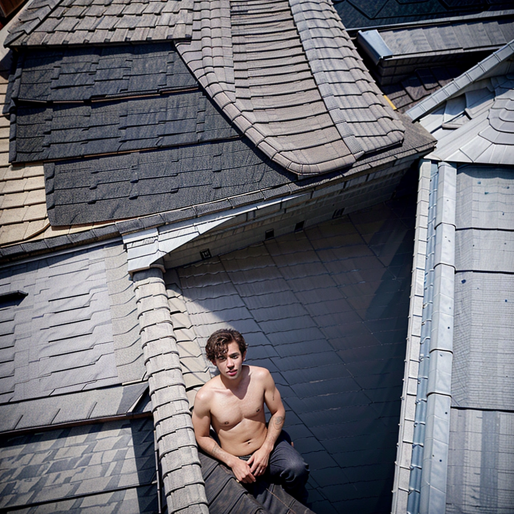 (One Caucasian young man:1.2), short curly hair, full body shoot, (on a roof top:1.5),((filmy grain)), realistic, photorealistic, hyper-realistic, candid pose, slight smile, wearing casual clothes, perfect hands, perfect fingers, perfect limbs,