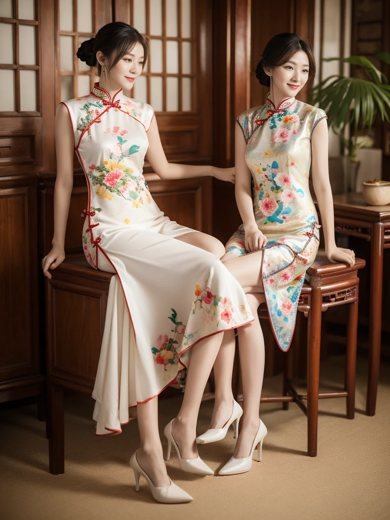 light, Ray Tracing, Film Grain, Depth of Field, Ultra HD, masterpiece, best quality, Super Detail, The award-winning, high resolution, High Detail, Real human skin, Natural skin texture, 1 Girl, Oval face, cheongsam, whole body,Big breasts,indoor, (((Show your thighs))), Bare thighs, Beautiful legs, ((Chest)), Full figure, whole body, kiss, ((Colorful Chinese Clothing)), sit在地上, Smile, High heel, (sit:1.3), Chinese furniture, vase, Sense of space, Face lighting, Depth of Field, Natural light, Flowers, plant, Art Deco Design,