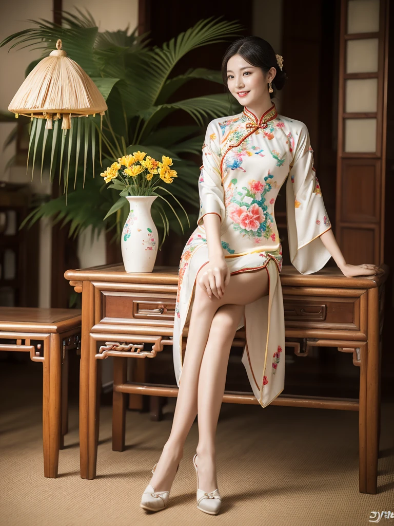 light, Ray Tracing, Film Grain, Depth of Field, Ultra HD, masterpiece, best quality, Super Detail, The award-winning, high resolution, High Detail, Real human skin, Natural skin texture, 1 Girl, Oval face, cheongsam, whole body,Big breasts,indoor, (((Show your thighs))), Bare thighs, Beautiful legs, ((Chest)), Full figure, whole body, kiss, ((Colorful Chinese Clothing)), sit在地上, Smile, High heel, (sit:1.3), Chinese furniture, vase, Sense of space, Face lighting, Depth of Field, Natural light, Flowers, plant, Art Deco Design,