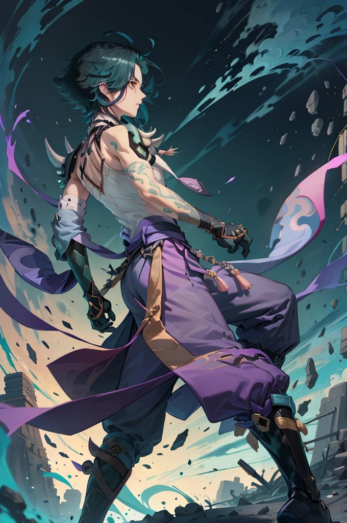 1 adult male solo,xiao \(genshin impact\), 1boy, male focus, short dark teal hair, yellow eyes, white sleeveless shirt, necklace, green tattoo on arm, detached white sleeve, black gloves, wide blue pants, black boots, pink and purple clothes details, black shoulder armor with spikes,