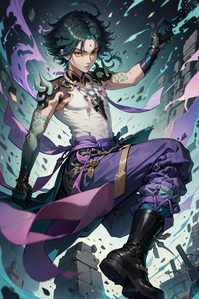 1 adult male solo,xiao \(genshin impact\), 1boy, male focus, short dark teal hair, yellow eyes, white sleeveless shirt, necklace, green tattoo on arm, detached white sleeve, black gloves, wide blue pants, black boots, pink and purple clothes details, black shoulder armor with spikes,