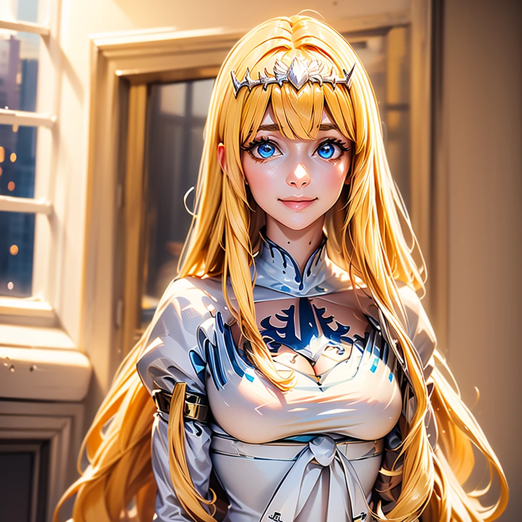 {{{official art}}}, {Adult},, eye focus, looking at the viewer, blush, hotel room, cowboy shot,, prism eyes smile,   1girl, solo, Calca, Calca Bessarez, blonde hair, (extremely long hair:1.3), very long hair, white tiara, white dress, blue eyes, medium chest, extremely long hair, medium breast, yellow hair color, bangs, blunt bang


