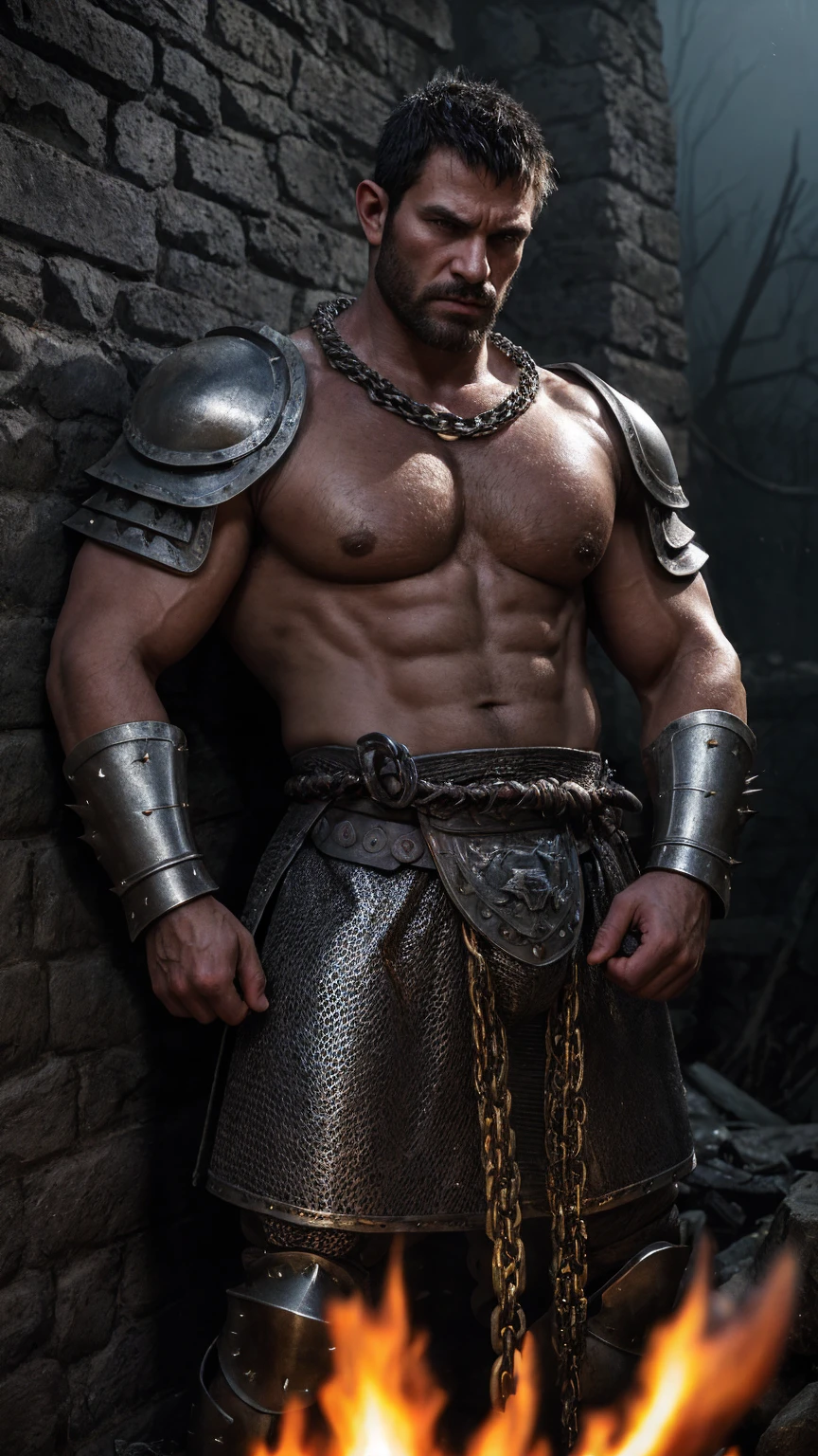 Raw, cinematic shot, (sharp focus:1.5), (photorealistic:1.2), 1boy, medium portrait muscle bulk daddy huge pecs of (a weary-looking but still proud and fierce-looking บาบาเลี่ยน warrior, now the leader of his village, dressed in elaborately detailed chain mail and leather armour, a few torches burn on the walls, giving the scene a dark atmosphere but sculpting the forms in sharp chiaroscuro), it is night time, dark lighting, twilight lighting, volumetric lighting, blackground is city ruin.