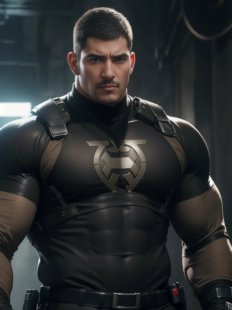 One Tall giant muscular police officer,  On the outdoor streets in cyber style, Wear a brown superhero bodysuit with long sleeves, The expression is arrogant, Lift your chin, Messy hair, Thick thighs, Brown Superhero Bodysuit with Turtleneck and Long Sleeves, very tight, Regular symmetrical pattern, Highlight muscles, Police uniform pants, character concept（Resident Evil - Chris Redfield, Chris Redfield）A proud expression, Deep and charming eyes, Heroic male pose, tall Burly, muscular！muscular thighs, tough guy, perfect facial features, High, Burly, Heqiang, Super polished and cool, High Resolution Committee, Charismatic, The sun is blazing, dazzling