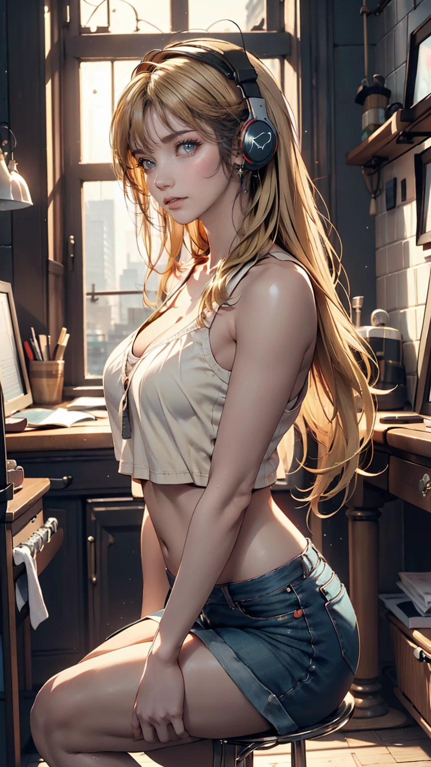 (((HD photo))), ultra high res.photorealistic:. 1.4, UHD, masterpiece, trending on artstation, portrait, upper body shot, 1girl, pretty, cute face, most beautiful in the world, cleavage showing, soft, delicate, (very long blonde hair, accentuated super huge enormously gigantic , tattoo sleeves and piercings), curvy athletic figure, (wearing crop top and lace panties:1.8), sexy seductive slutty pose:1.4, luxurious kitchen background, sfw, side boob is showing 