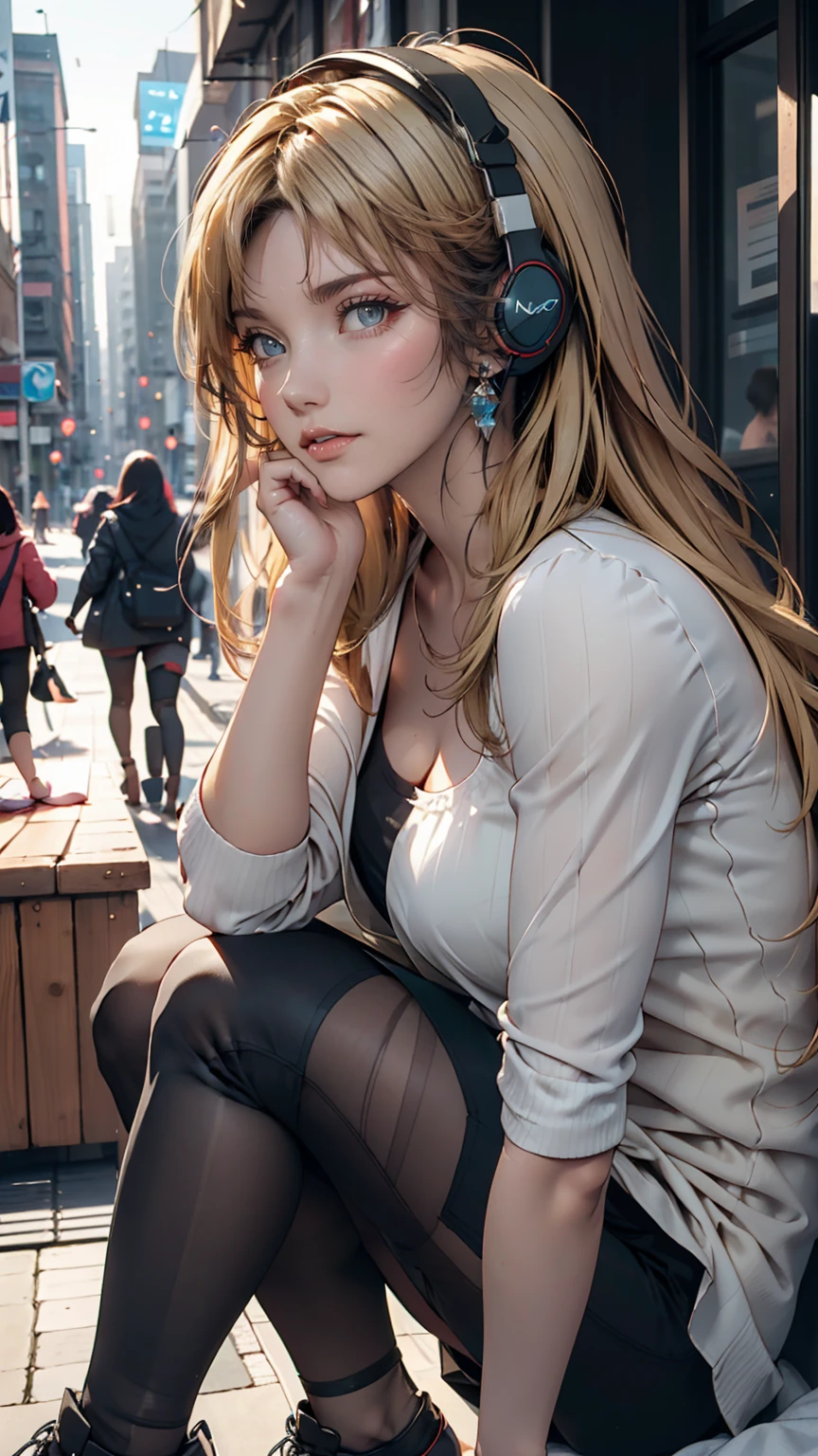 (masterpiece), (Highest quality, High resolution, Very detailed, figure), One girl, alone, city, Contemporary, Profile picture close-up, Blonde beige long hair, Green Eyes, Beautiful attention to detail, squat, Headphones, 8K, Trending on Art Station, Featured on Pixiv